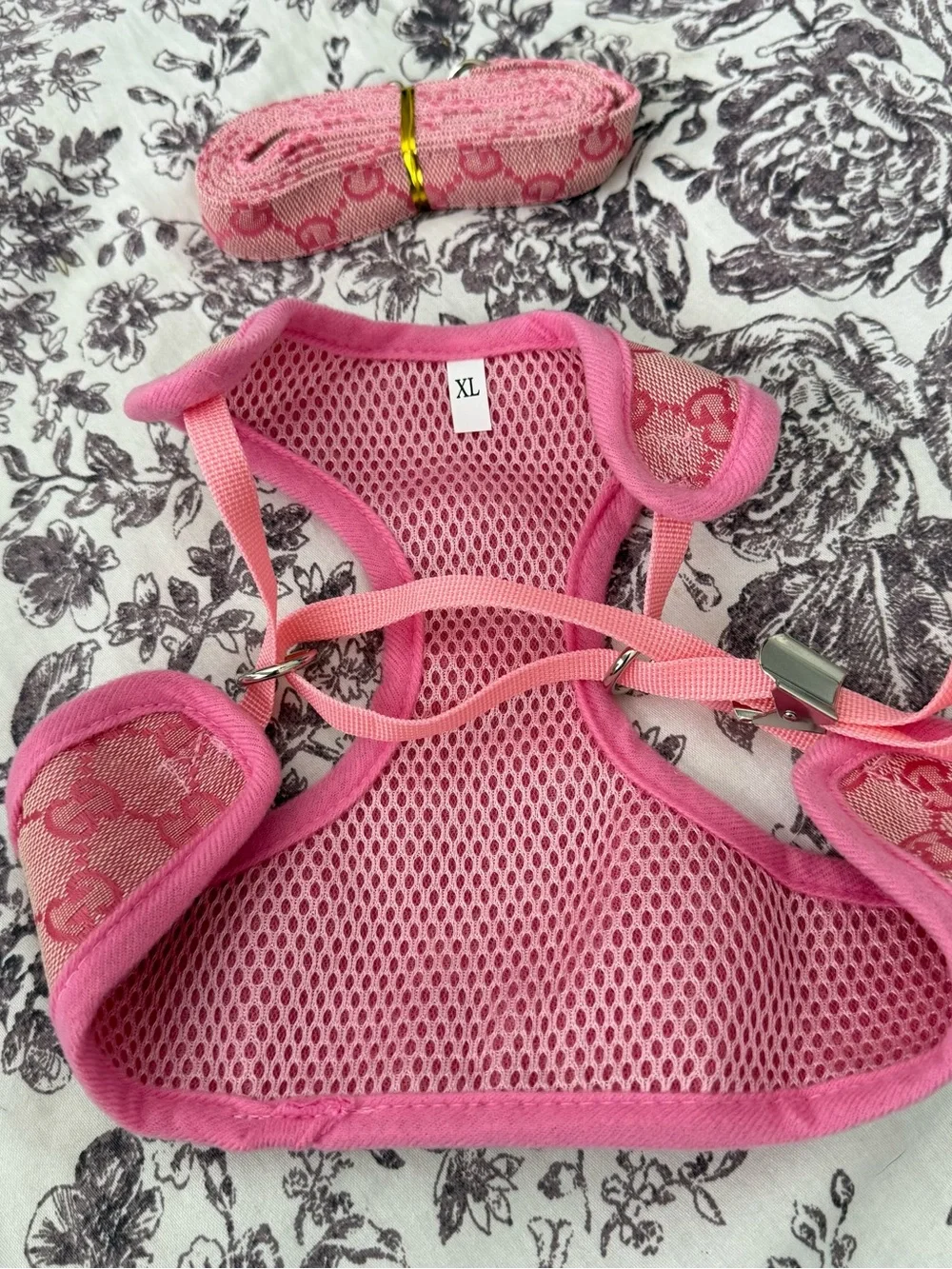 Pink GG Monogram Small Dog Harness with Leash Size XL
